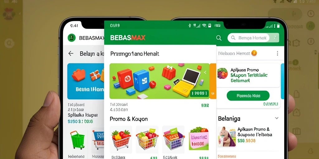 Tampilan antar muka BEBASMAX dengan berbagai penawaran promo dan kupon.