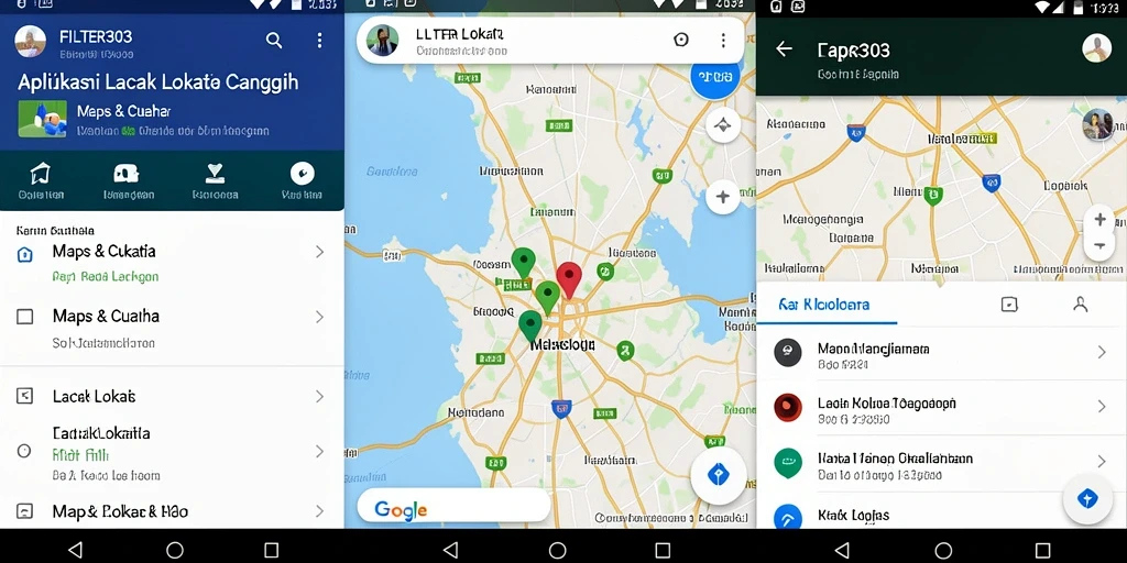 Antarmuka aplikasi FILTER303 yang menampilkan fungsi pelacakan lokasi.