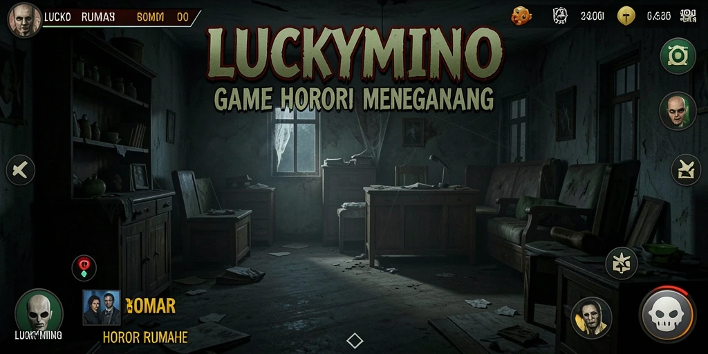 Tampilan antarmuka menegangkan dari LUCKYMINO saat menjelajahi rumah horor.
