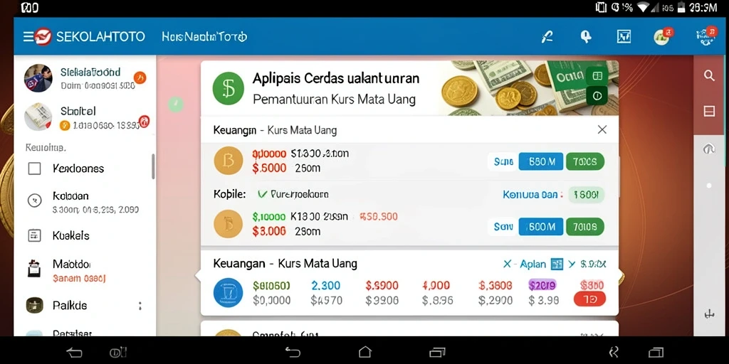 Tampilan antarmuka utama aplikasi SEKOLAHTOTO yang menampilkan kurs mata uang.