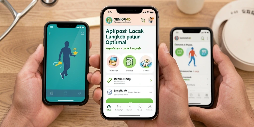 Tampilan antarmuka <strong>SENIOR4D</strong> menampilkan fitur pelacakan langkah yang mudah diakses.