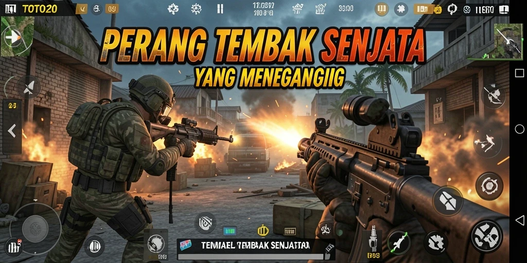 Tampilan antarmuka TOTO20 dengan senjata dan karakter yang detail.